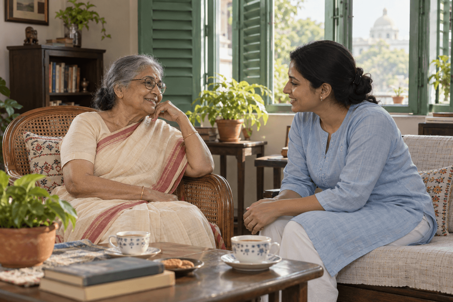 Illustrative companion speaking with an older woman in a Kolkata-style home