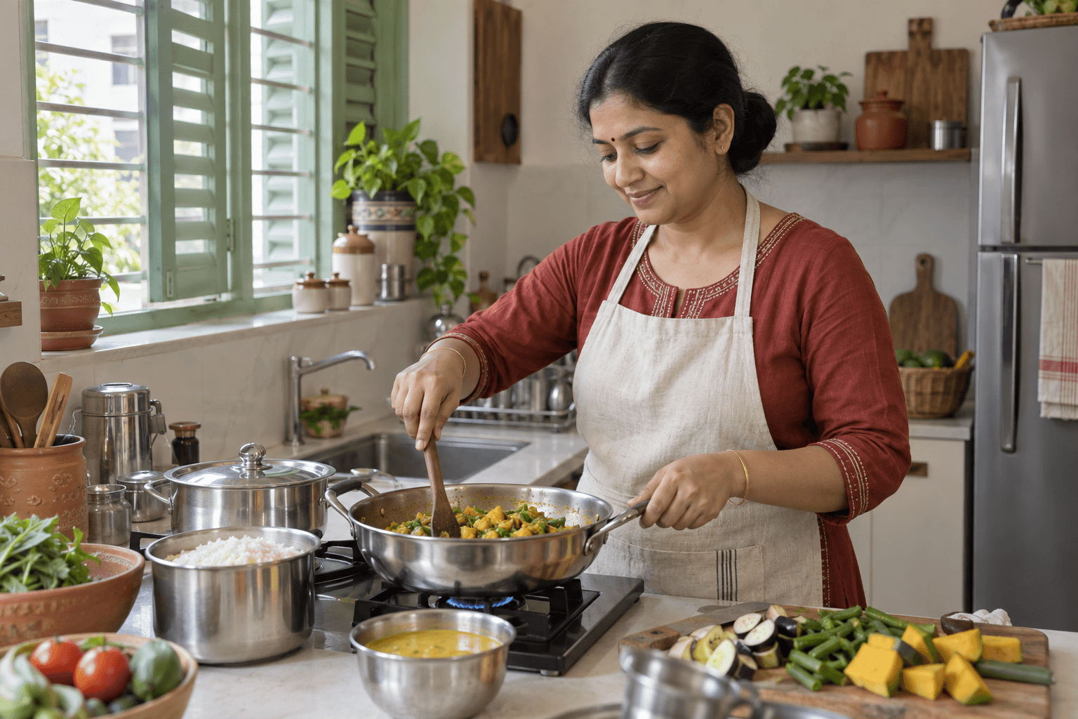 Illustrative home cook preparing Bengali meals in a Kolkata-style kitchen