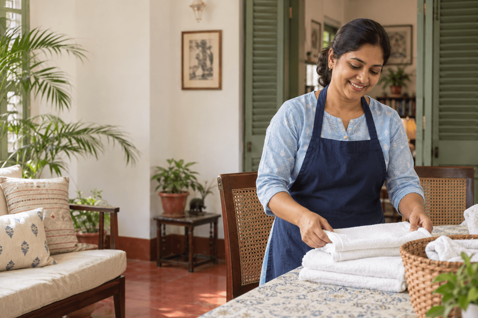 Illustrative home helper folding linen in a Kolkata-style home