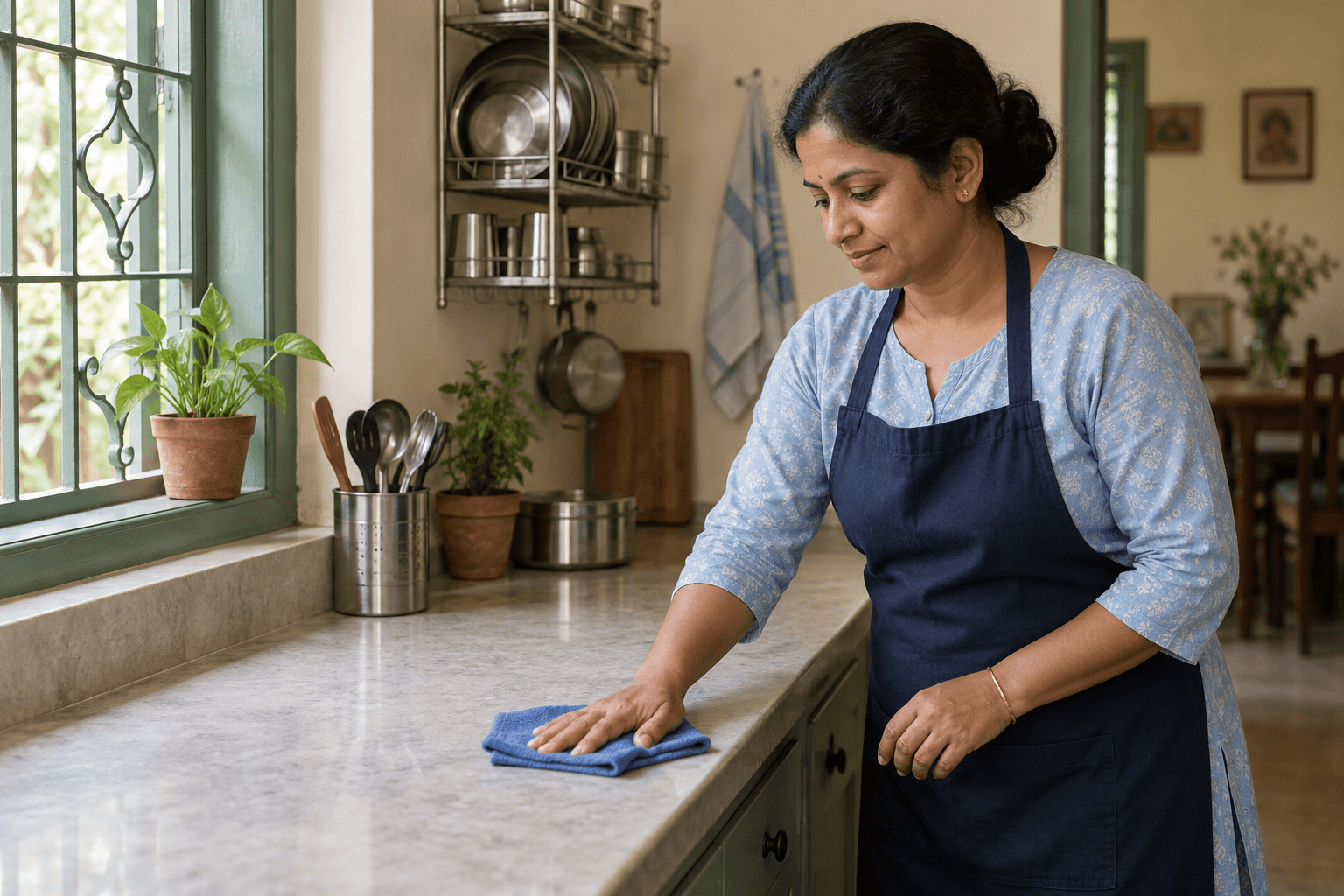 Illustrative Bengali household helper wiping a clear kitchen worktop beside a green window in a Kolkata-style home