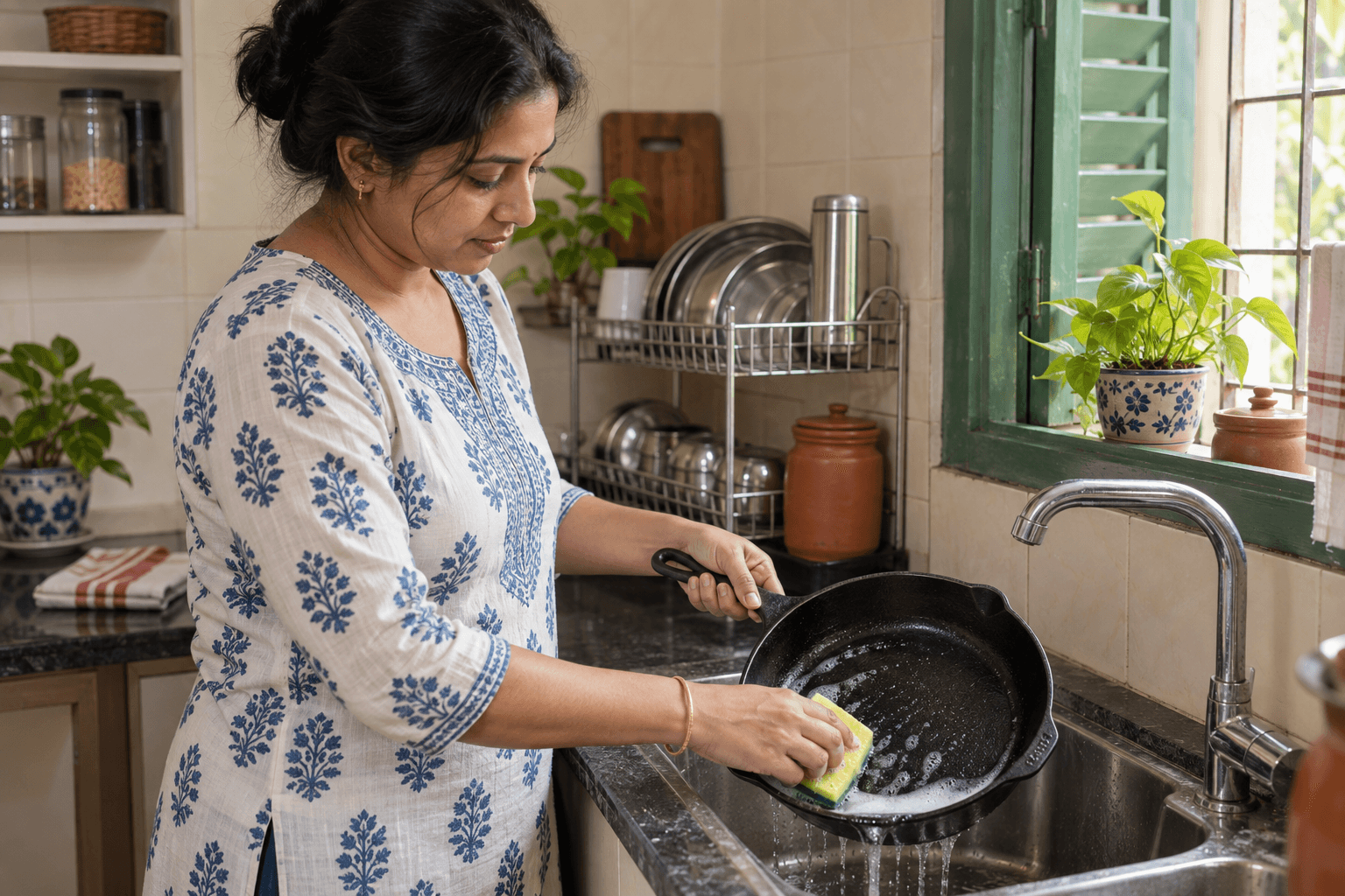 Illustrative Bengali woman washing a black cast-iron skillet at a Kolkata home sink