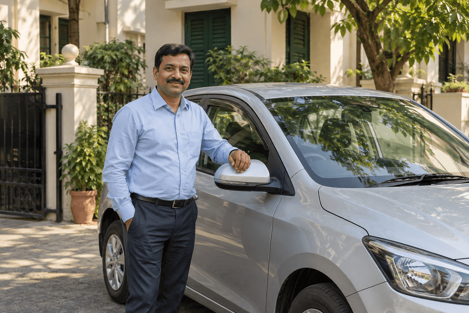 Illustrative family driver beside a car outside a Kolkata home