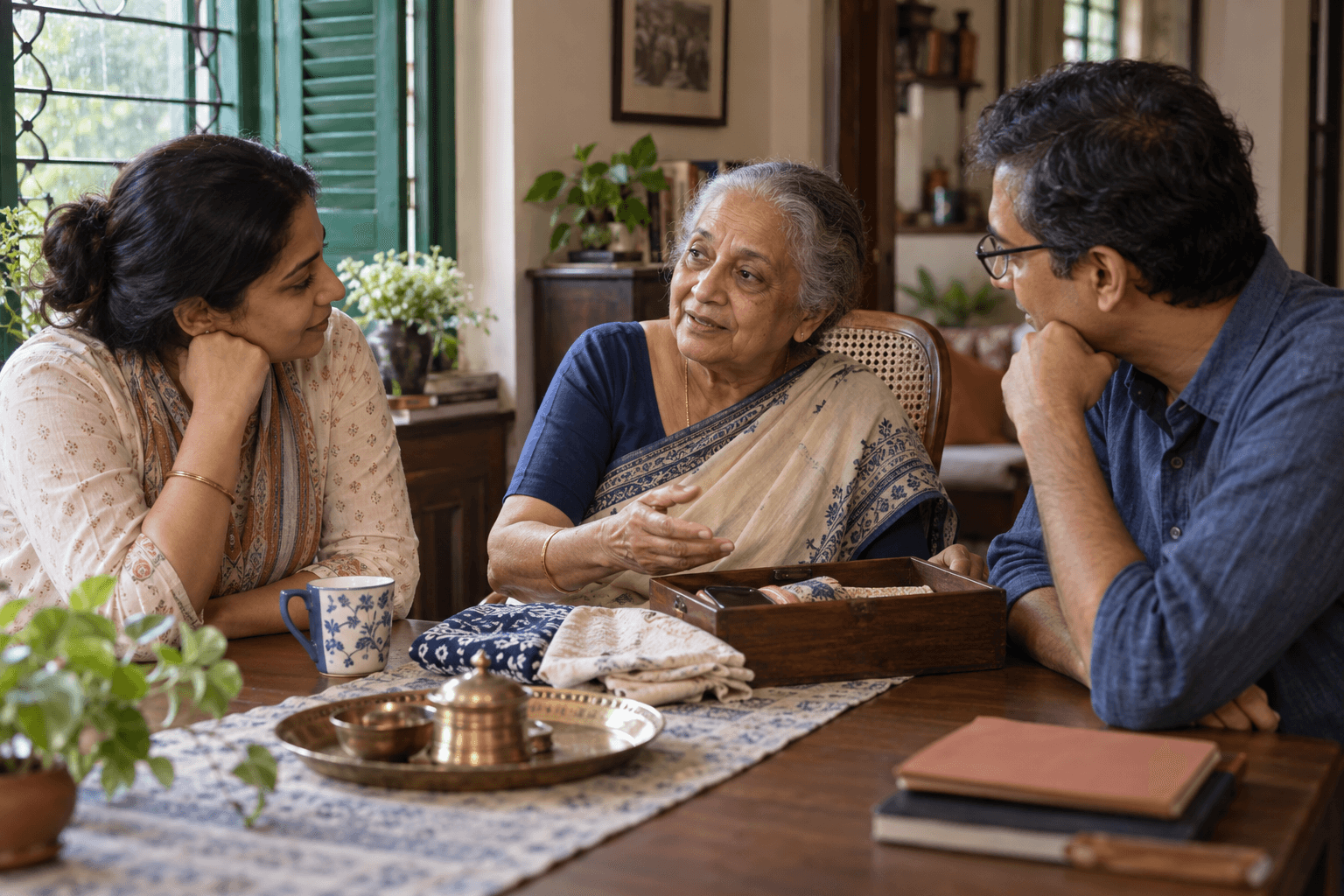 Illustrative older Bengali woman discussing her preferences with two adult family members at home