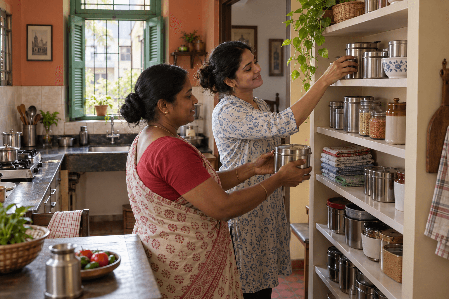 Illustrative household helper and homeowner arranging kitchen storage in a Kolkata-style home