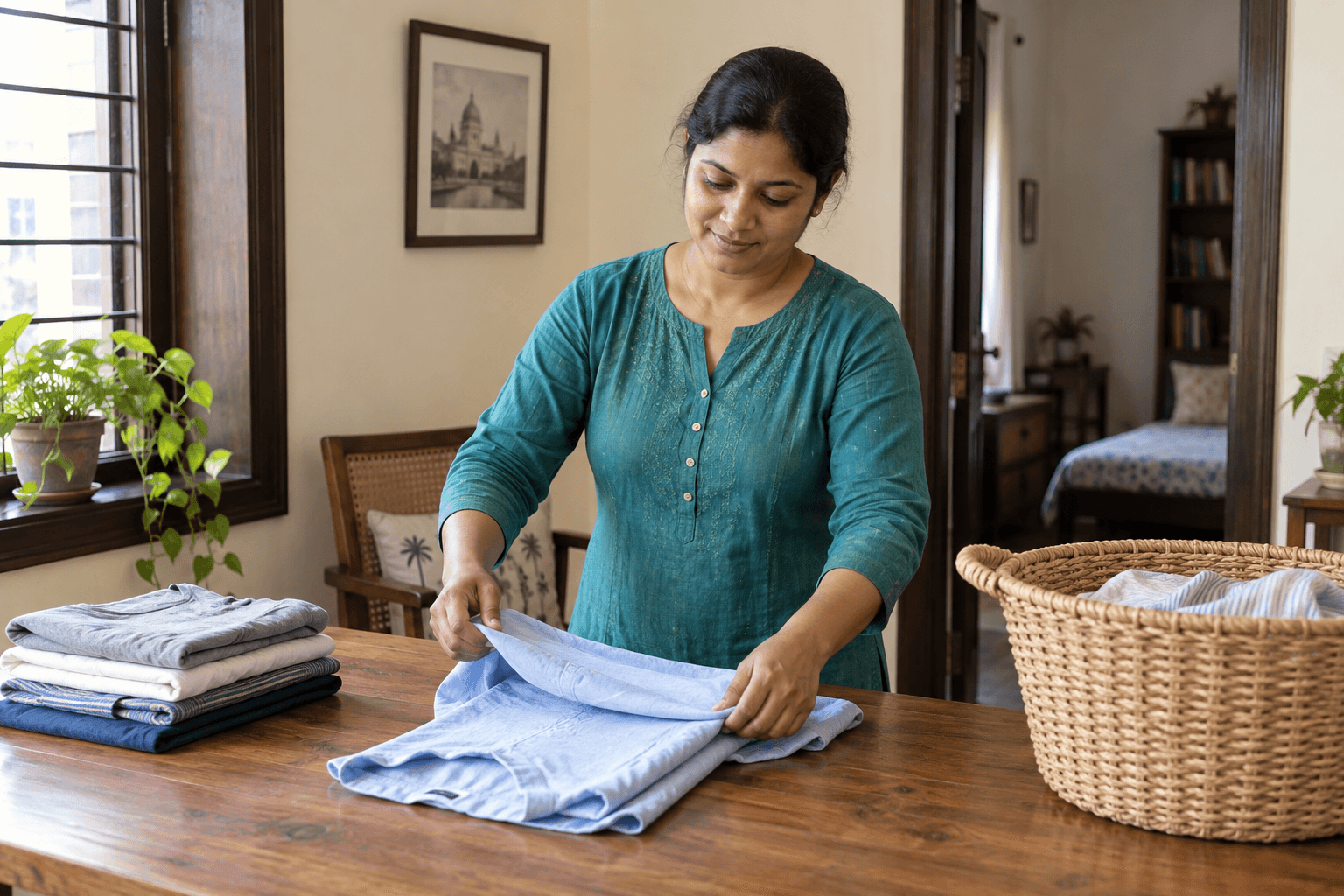 Illustrative Bengali household helper folding a cotton shirt beside a laundry basket in a Kolkata-style home