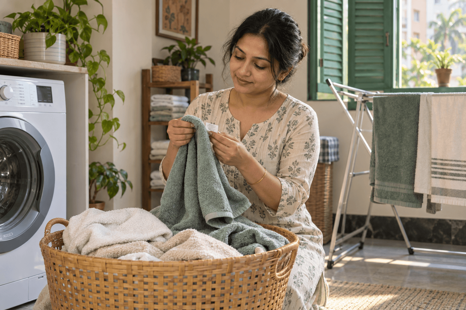 Illustrative Bengali woman checking a household towel care label beside a washing machine in a Kolkata-style home