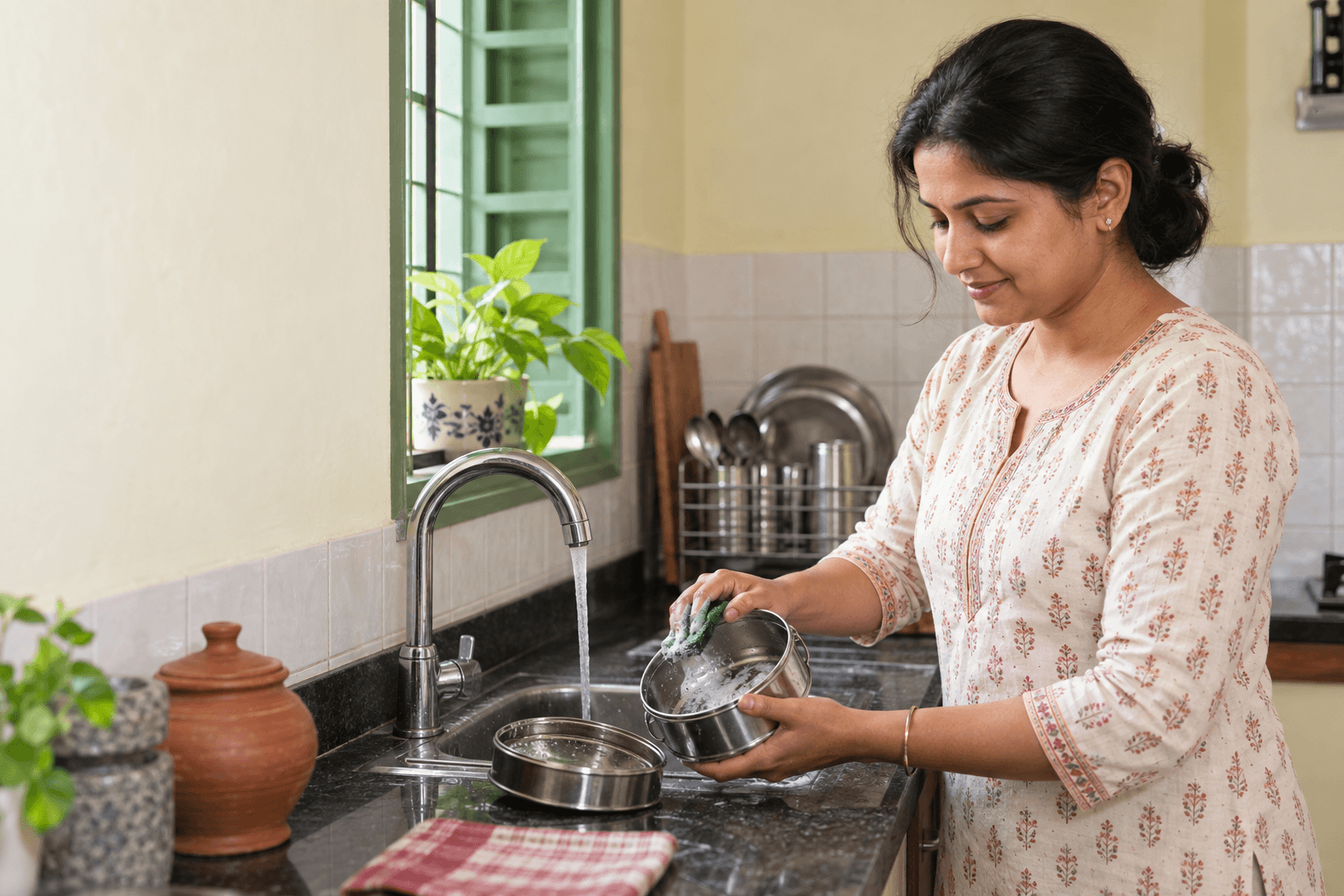 Illustrative Bengali woman washing a reusable steel lunchbox at a Kolkata home sink