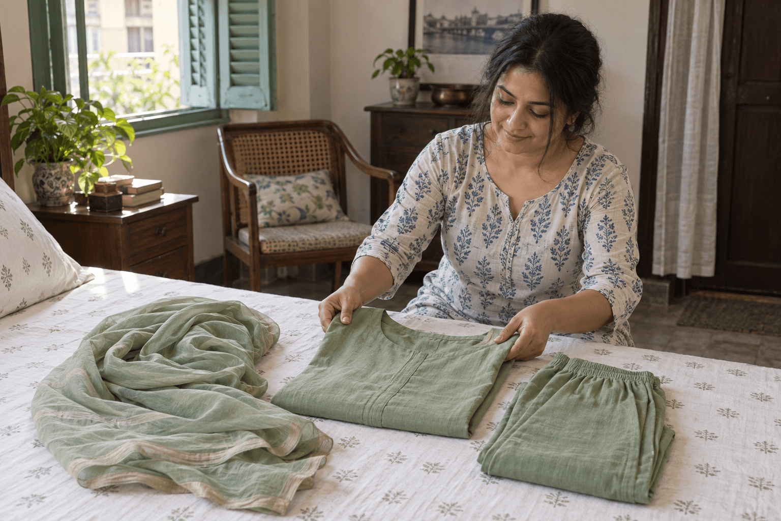 Illustrative Bengali woman arranging a salwar kameez and dupatta for storage in a Kolkata-style bedroom