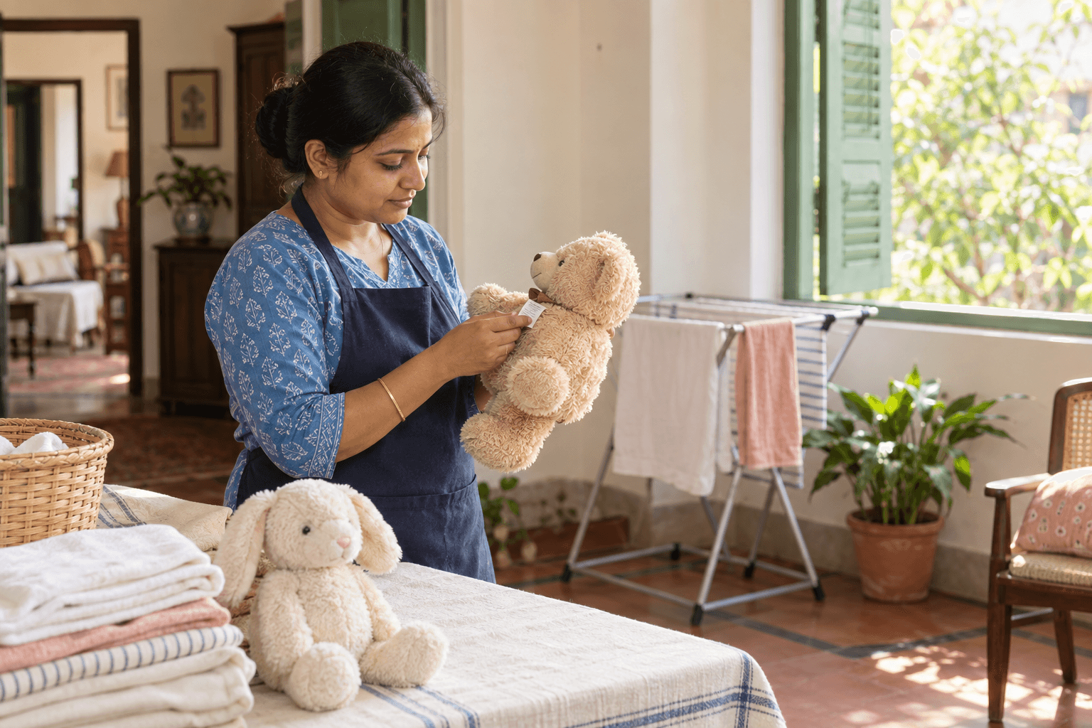 Illustrative Bengali home helper reading a teddy bear care label beside a drying rack in a Kolkata-style home