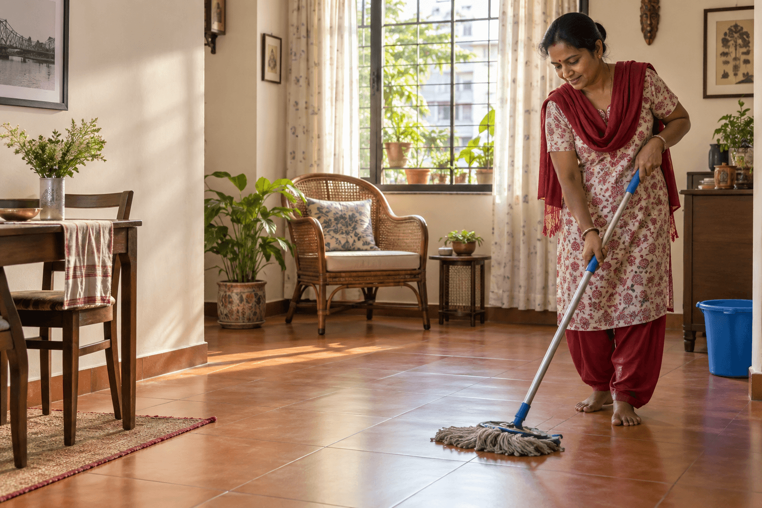 Illustrative Bengali household helper mopping ceramic tile in a Kolkata-style home