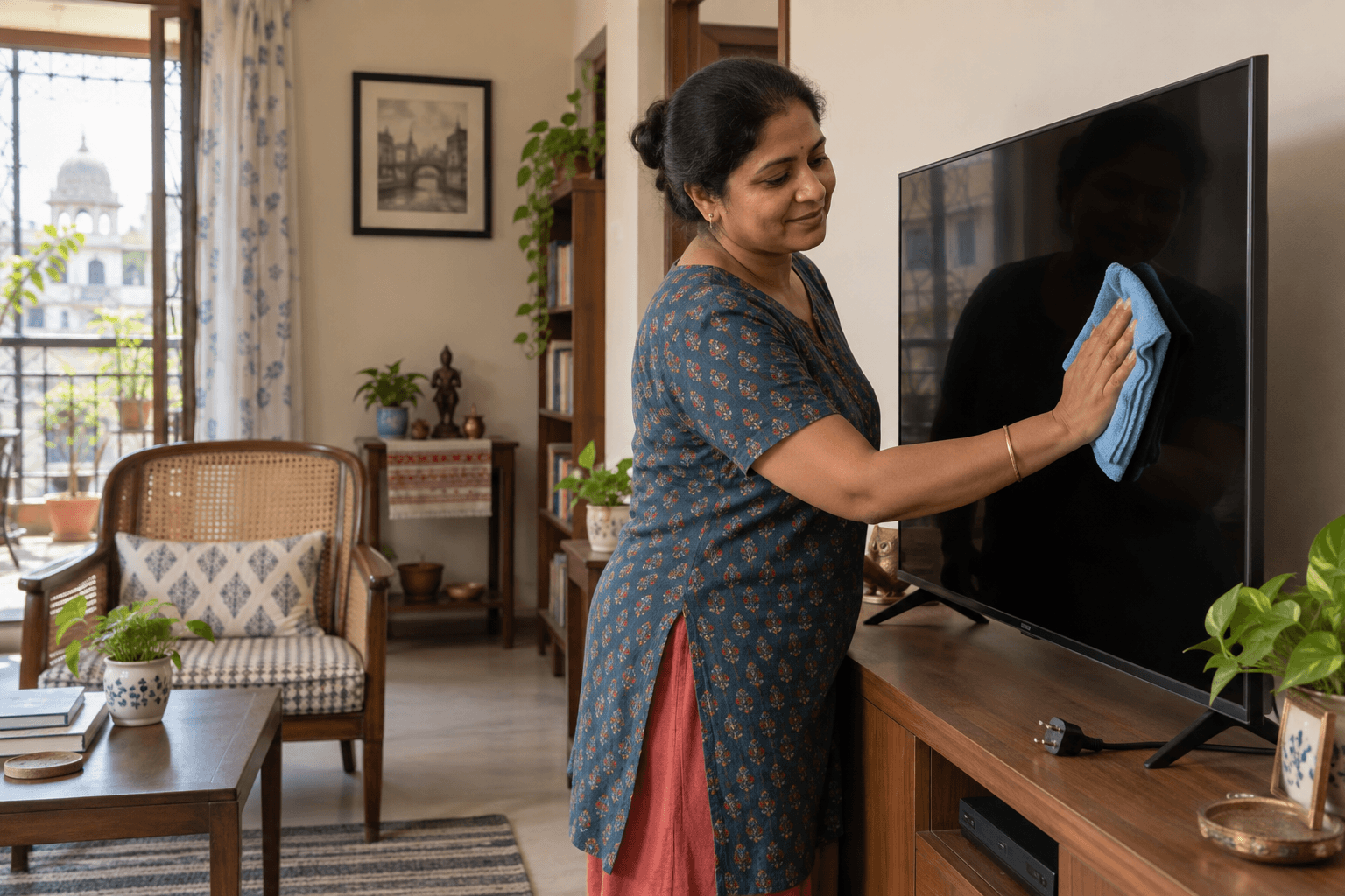 Illustrative Bengali woman gently wiping a switched-off TV screen with a dry cloth in a Kolkata home