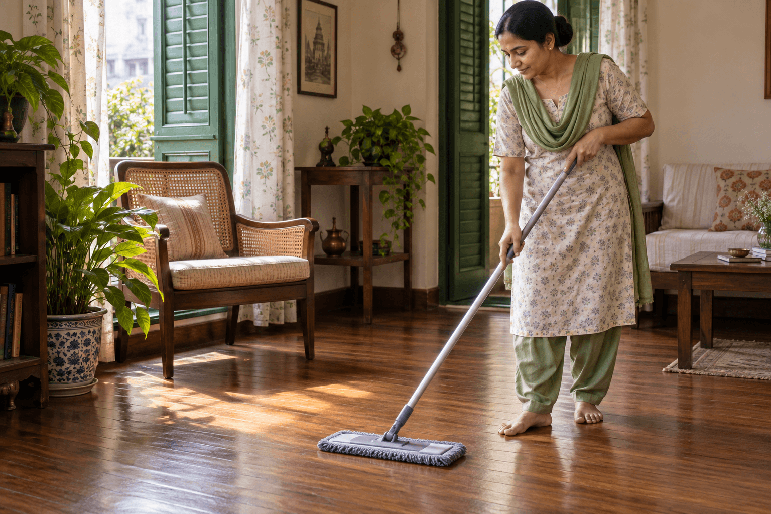 Illustrative Bengali household helper using a dry microfiber mop on a wooden floor in a Kolkata-style home